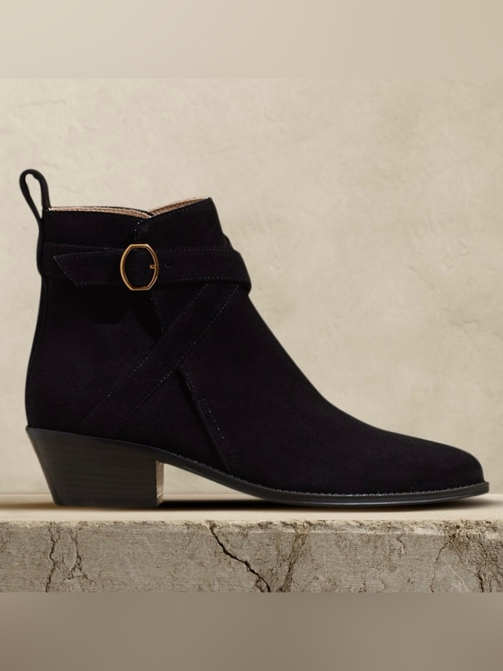 New! BANANA REPUBLIC Italian Ankle Suede Boots w/ Gold Buckle, Black, Size 9